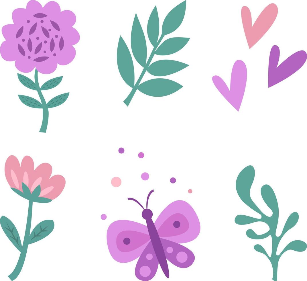 A set of stylized colors highlighted on a white background. Vector flowers in cartoon style, for greetings, weddings, flower design, web design.