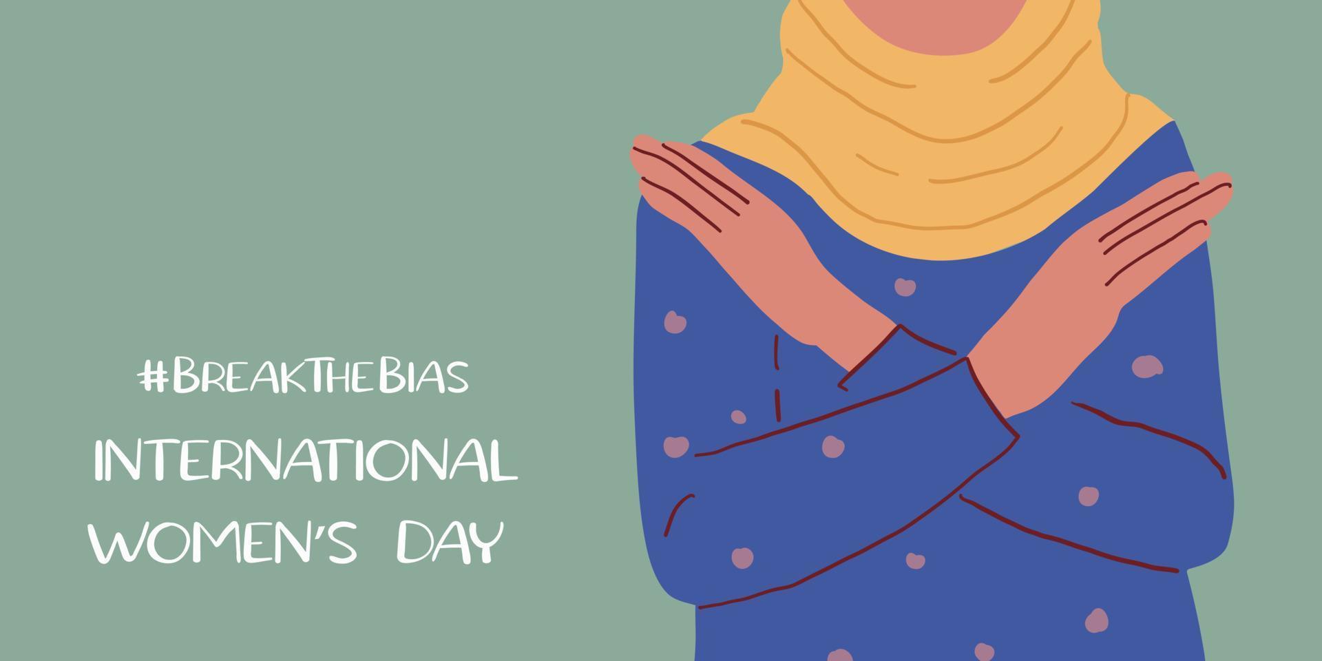 Horizontal poster with a woman with her arms crossed over her arms. Break The Bias campaign. International Women's Day. Movement against discrimination and stereotypes vector