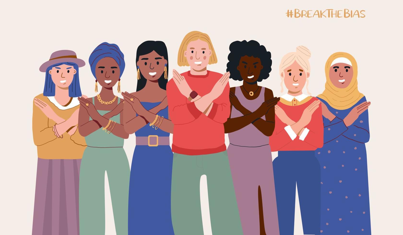 un grupo de mujeres de diferentes nacionalidades con las manos cruzadas. romper la campaña de prejuicios. día Internacional de la Mujer. movimiento contra la discriminación y los estereotipos vector