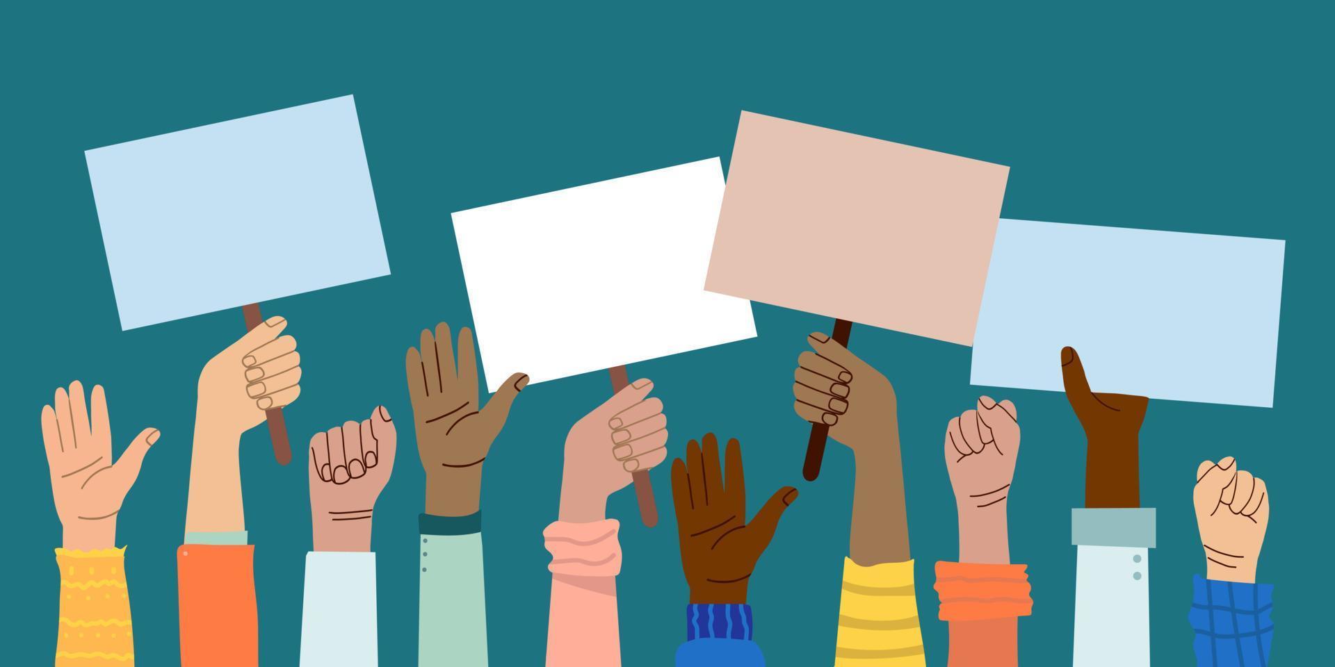 A crowd of people of different nationalities and at a protest. Hands holding empty template of placards and banners. Street demonstration and standing up for their rights vector