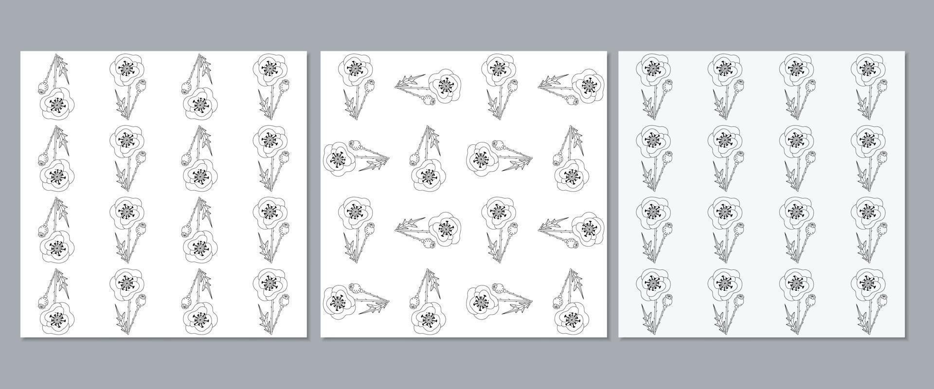 Set of botanical seamless patterns with stylized poppies. Floral modern vector print linear hand drawn