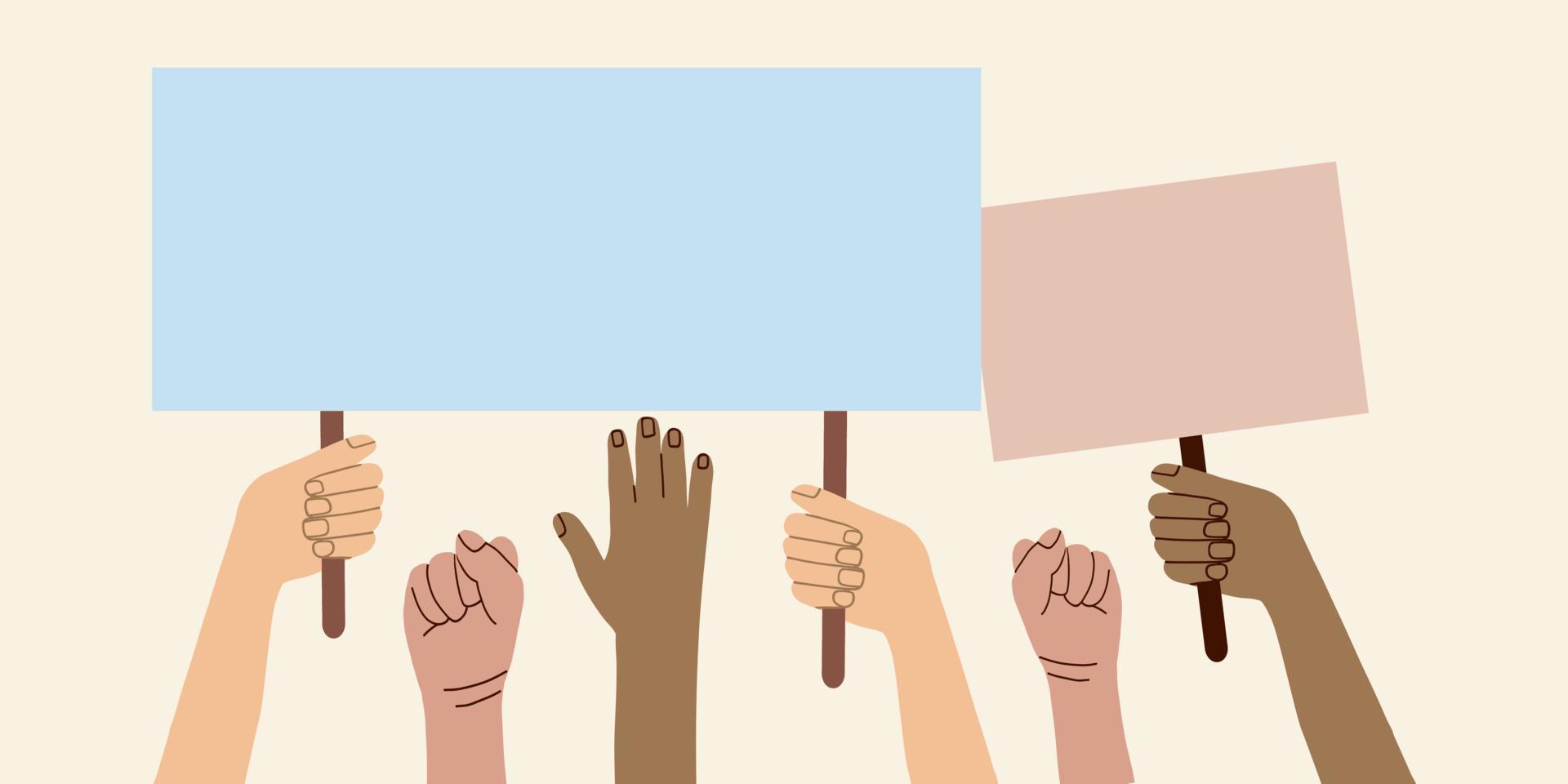 A crowd of people of different nationalities and at a protest. Hands holding empty template of placards and banners. Street demonstration and standing up for their rights vector