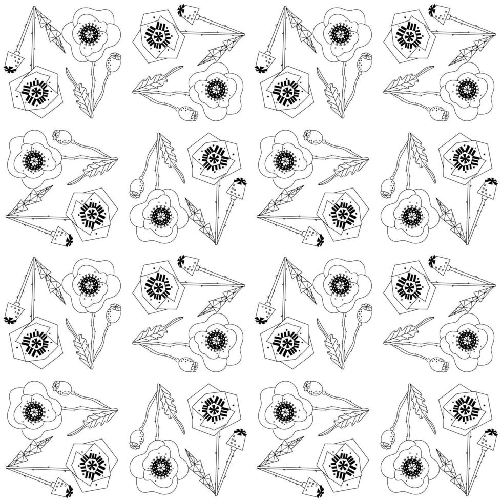 Botanical seamless pattern with stylized poppies. Floral modern vector print linear hand drawn
