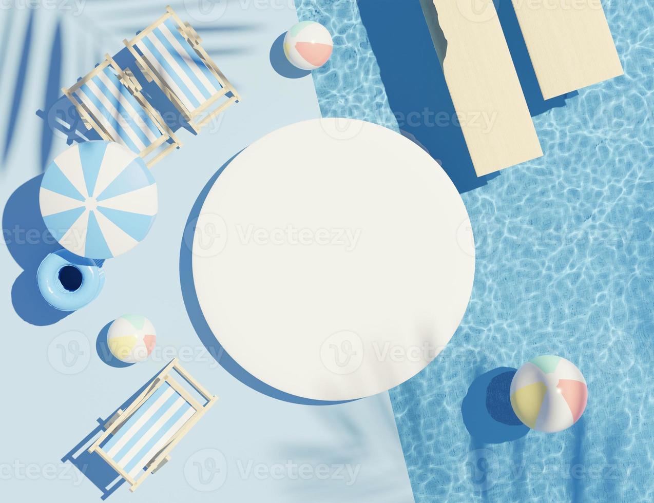 3d render top view of white blank cylinder frame for mock up and display products with water Caustics below swimming pool or shiny rays. Ripple Caustics. Summer background. Creative idea concept. photo