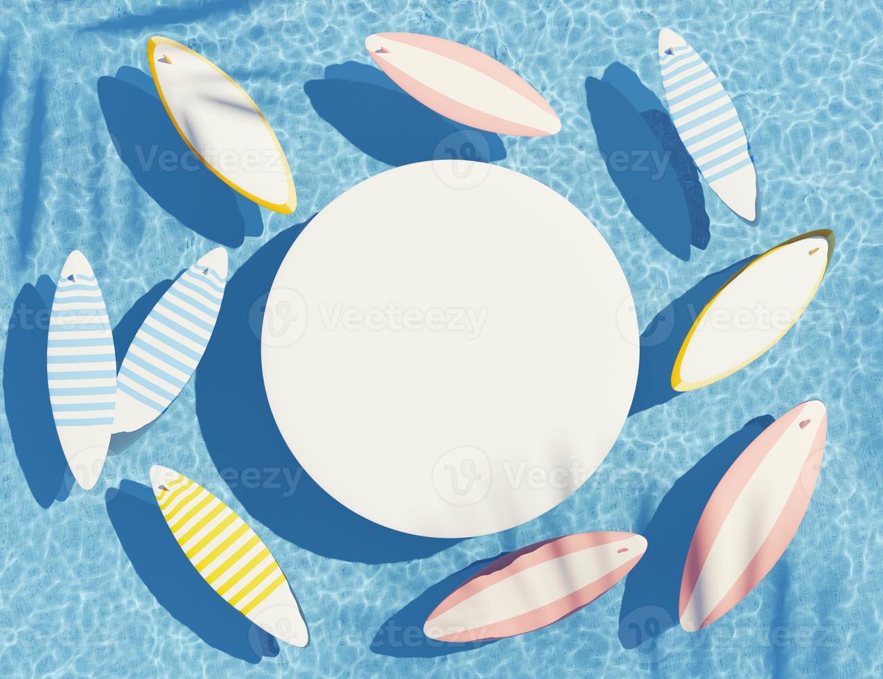 3d render top view of white blank cylinder frame for mock up and display products with water Caustics below swimming pool or shiny rays. Ripple Caustics. Summer background. Creative idea concept. photo