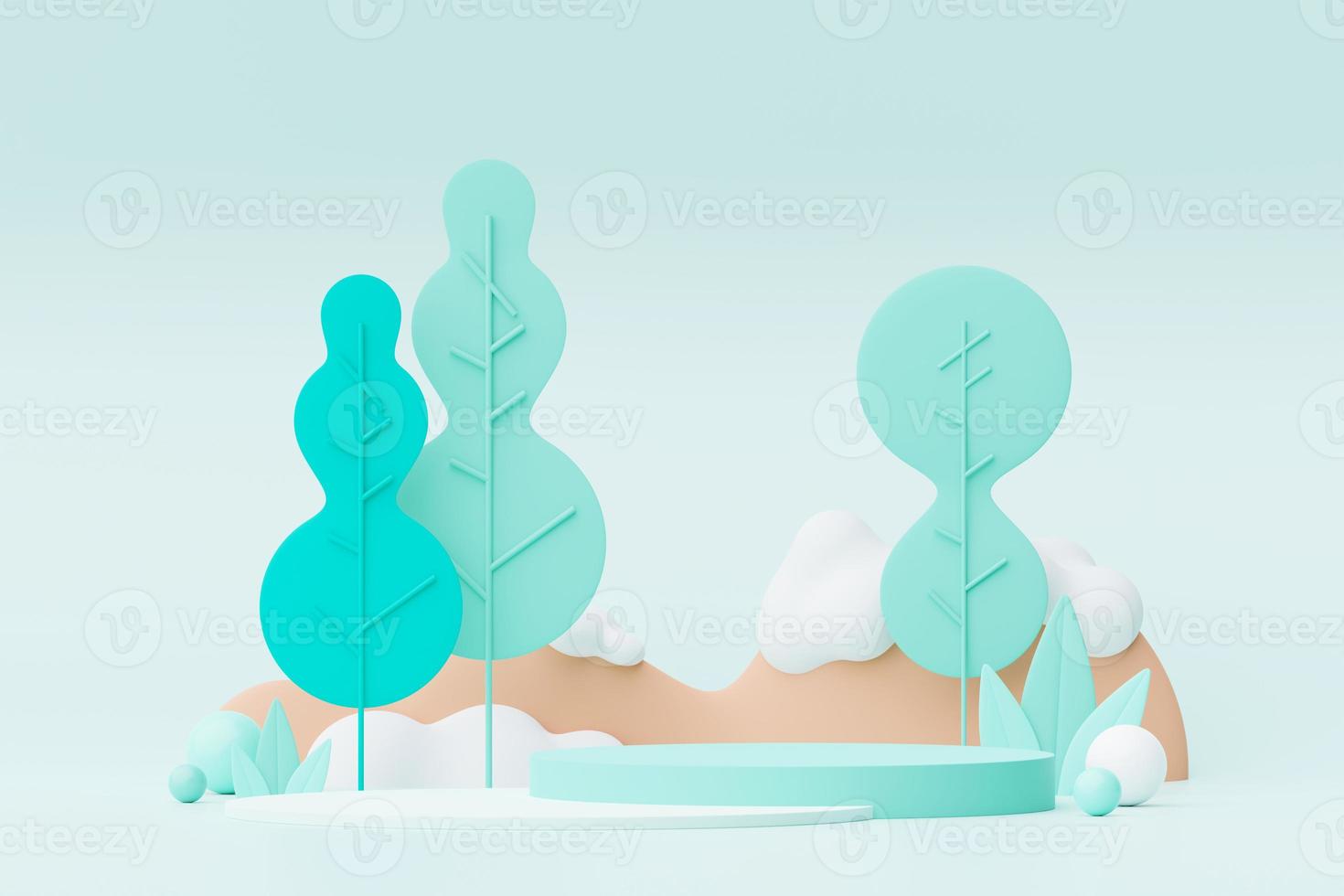 Abstract Pastel of nature, flowers leaves and tree plants with Podium stand platform. Cute Cartoon natural landscape background. Scene of spring colorful plants with minimal design. 3D Render. photo