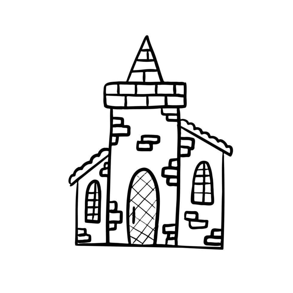 castillo de cuento de hadas en estilo doodle. ilustración de tinta de torre lineal dibujada a mano. gráficos vectoriales sobre un fondo blanco. vector