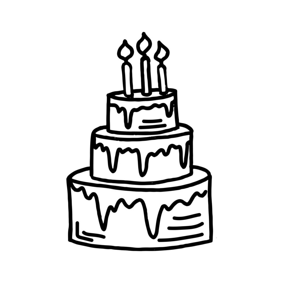 Vector birthday or wedding cake in hand drawn doodle style. Cartoon cake with burning candles.