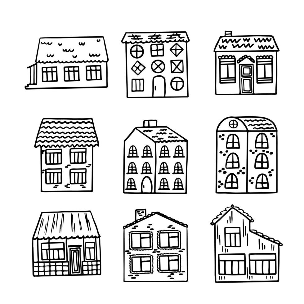 conjunto de lindas casas aisladas sobre fondo blanco. boceto dibujado a mano en estilo garabato. imagen vectorial, imágenes prediseñadas, detalles editables. casas para colorear libros. vector