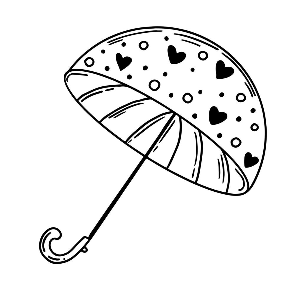 Vector umbrella. Doodle umbrella decorated with hearts. Cute element isolated on a white background.