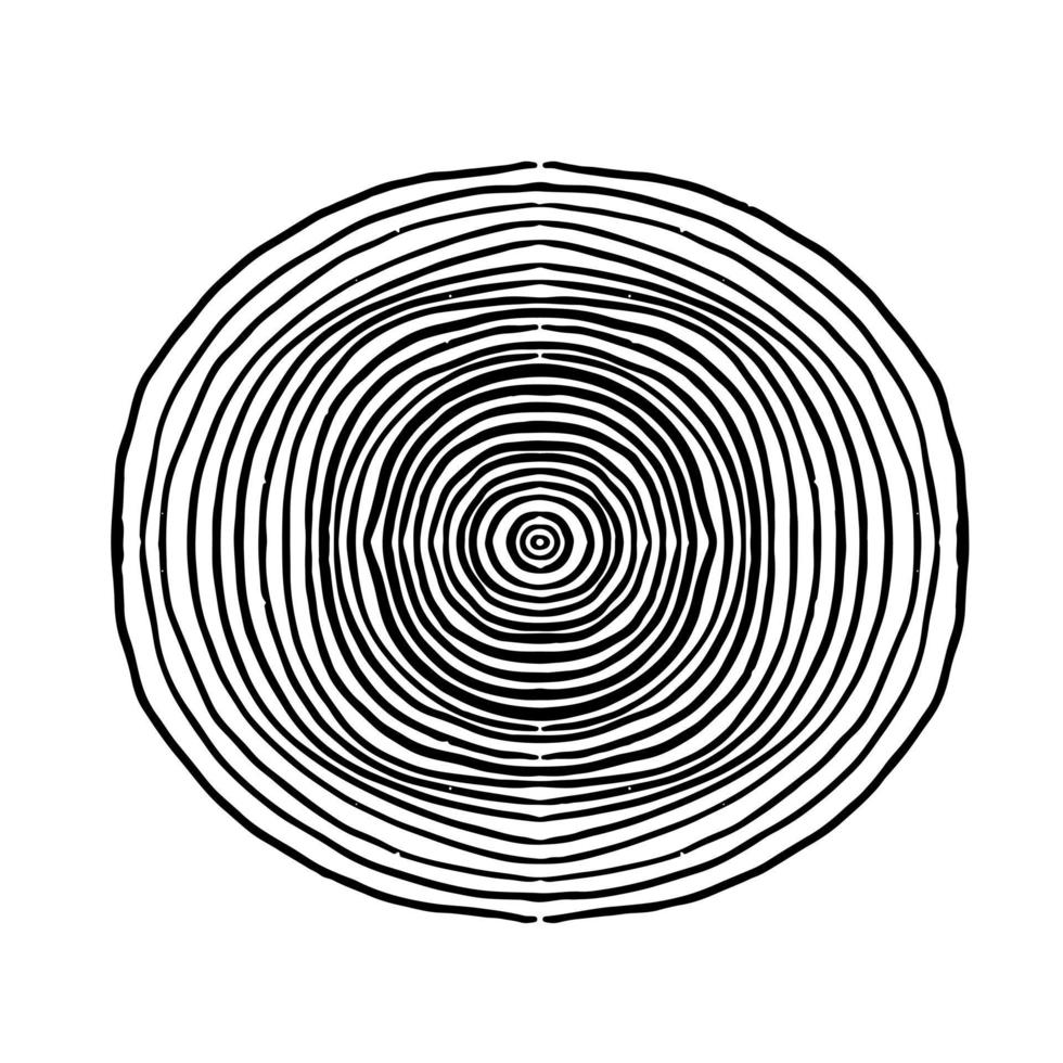 tronco de árbol cortado dibujado a mano en estilo garabato. pieza circular de textura de sección transversal de madera con anillo de árbol. vector aislado en un fondo blanco.