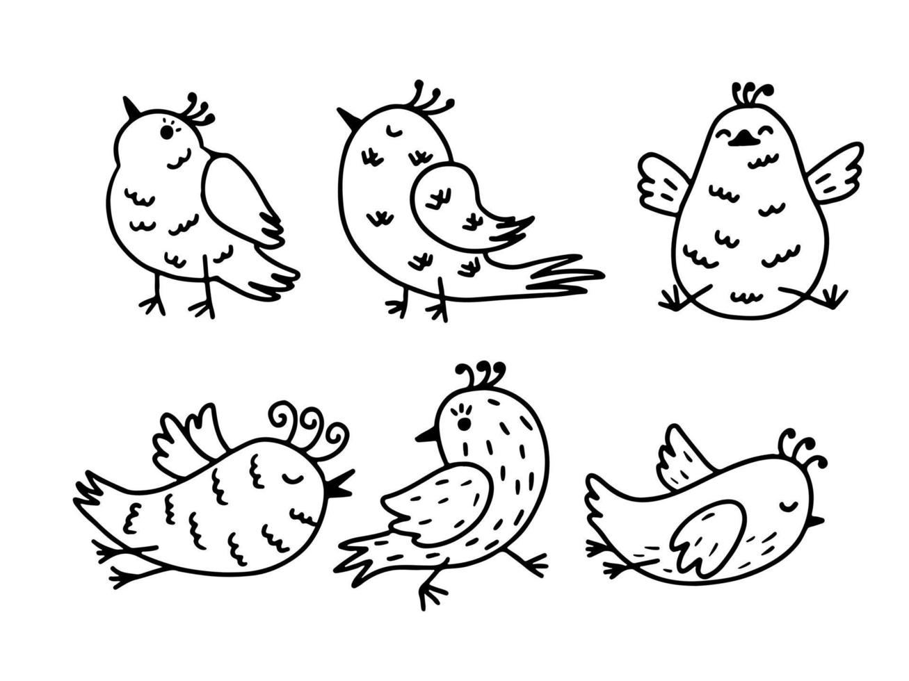 colección de aves. conjunto de lindos pájaros dibujados a mano en estilo garabato. conjunto de vectores negro sobre blanco.