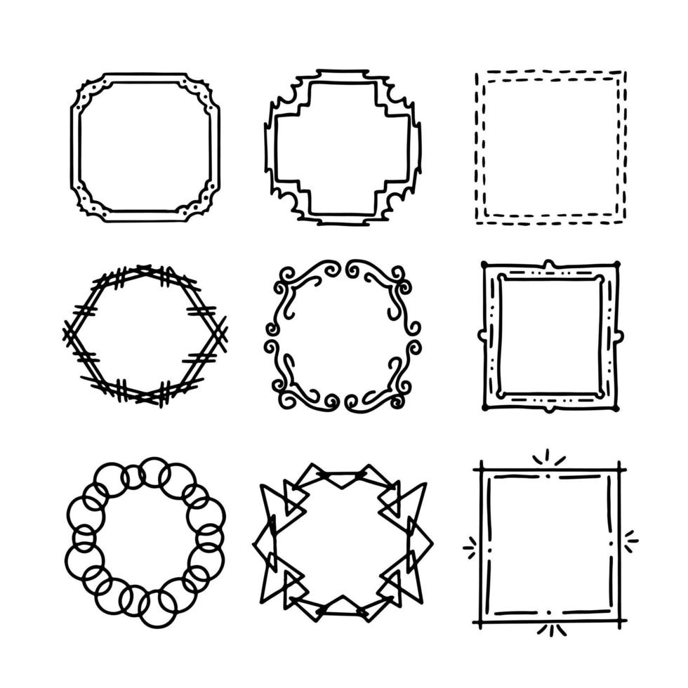 Hand drawn simple frames collection. Different shaped frames. heart, square, oval. Isolated vector illustration for your banner design in Doodle style.