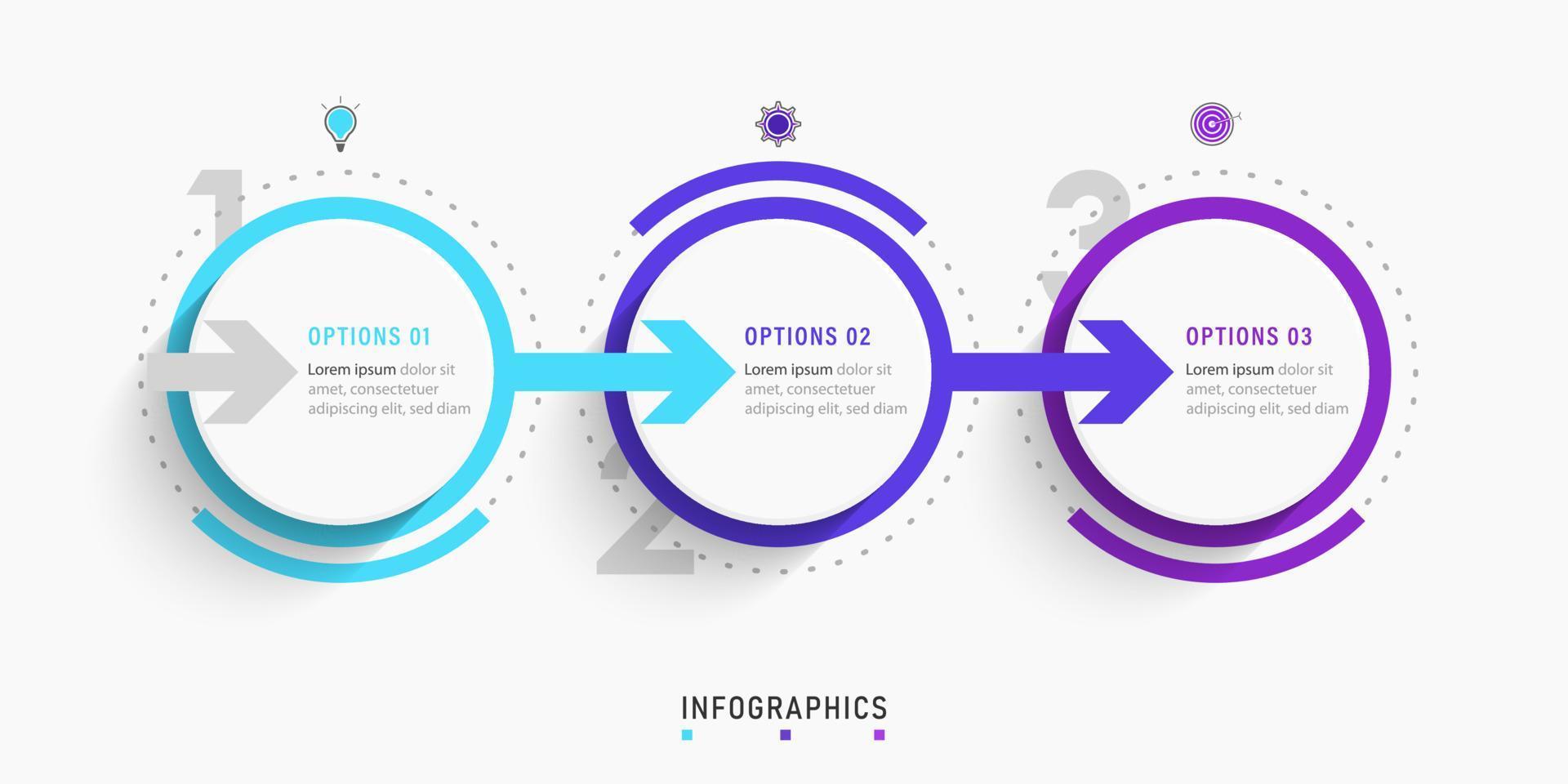 plantilla de diseño de etiquetas infográficas vectoriales con iconos y 3 opciones o pasos. se puede utilizar para diagramas de proceso, presentaciones, diseño de flujo de trabajo, banner, diagrama de flujo, gráfico de información. vector