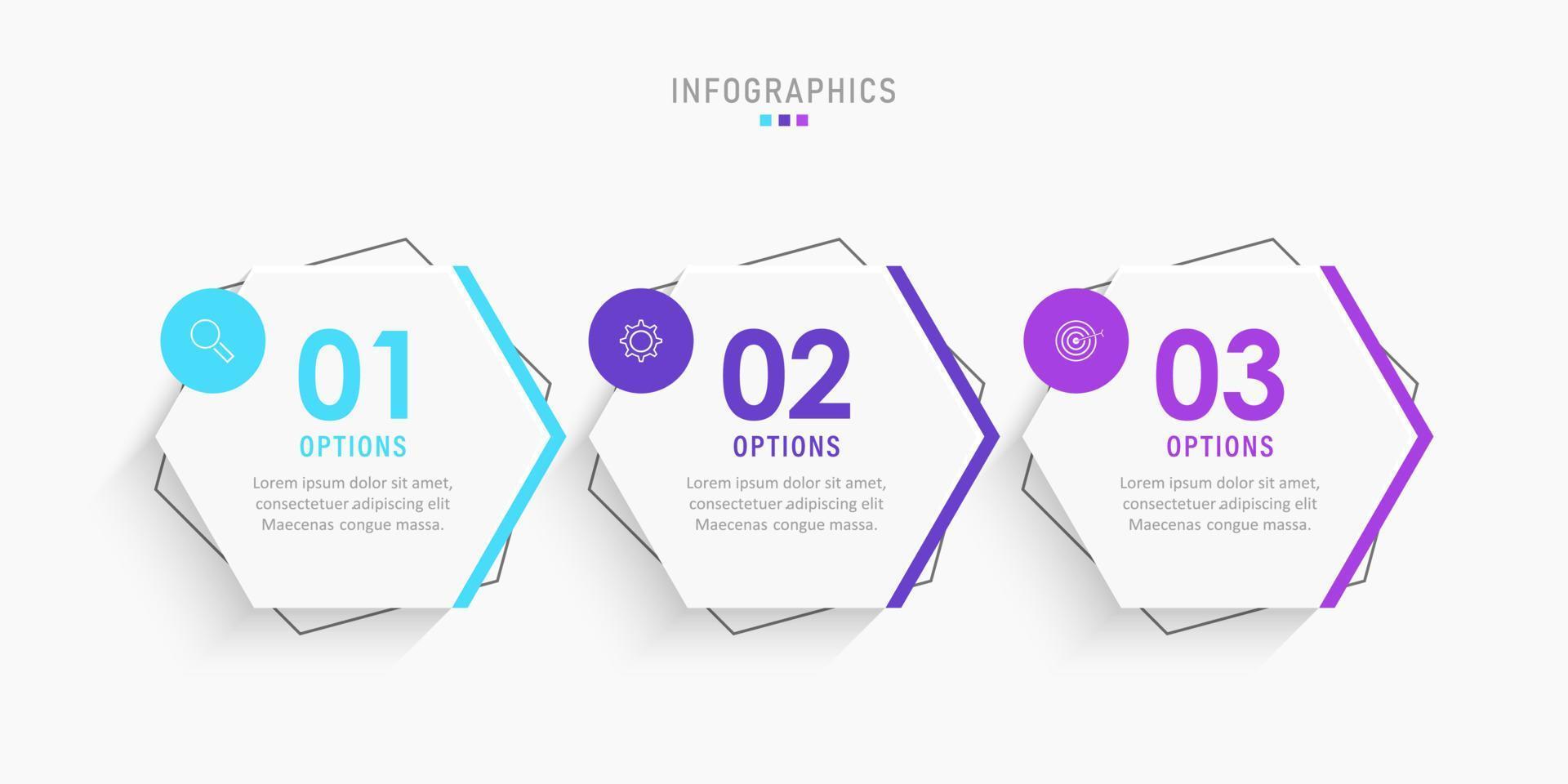 plantilla de diseño de etiquetas infográficas vectoriales con iconos y 3 opciones o pasos. se puede utilizar para diagramas de proceso, presentaciones, diseño de flujo de trabajo, banner, diagrama de flujo, gráfico de información. vector