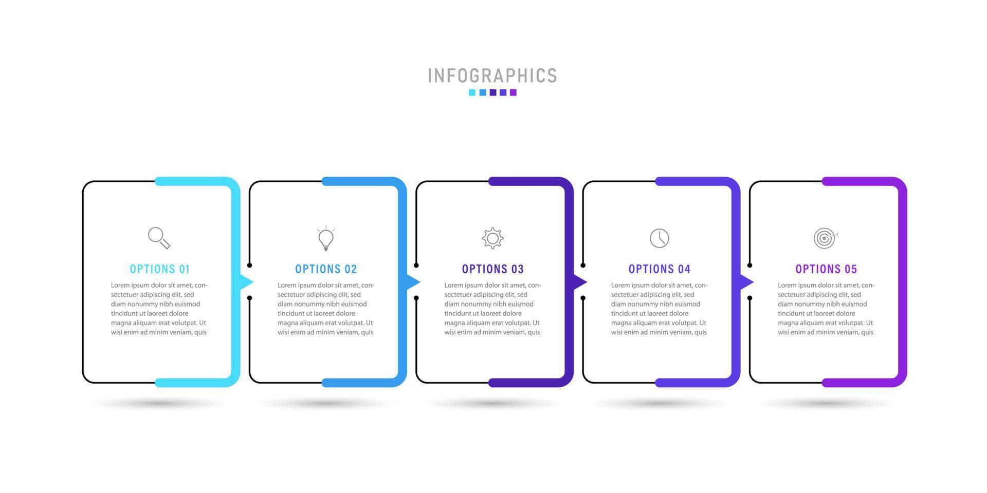 plantilla de diseño de etiquetas infográficas vectoriales con iconos y 5 opciones o pasos. se puede utilizar para diagramas de proceso, presentaciones, diseño de flujo de trabajo, banner, diagrama de flujo, gráfico de información. vector