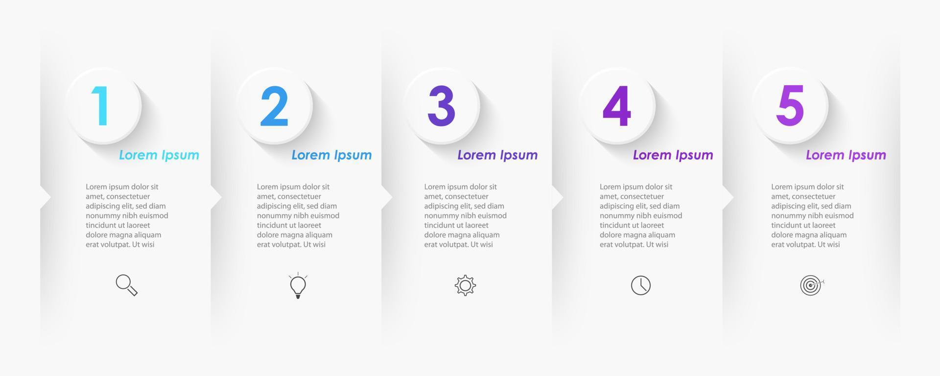 plantilla de diseño de etiquetas infográficas vectoriales con iconos y 5 opciones o pasos. se puede utilizar para diagramas de proceso, presentaciones, diseño de flujo de trabajo, banner, diagrama de flujo, gráfico de información. vector