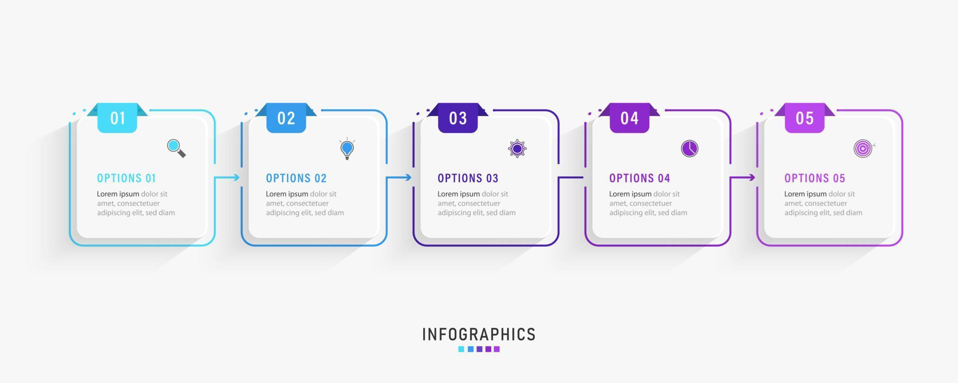 plantilla de diseño de etiquetas infográficas vectoriales con iconos y 5 opciones o pasos. se puede utilizar para diagramas de proceso, presentaciones, diseño de flujo de trabajo, banner, diagrama de flujo, gráfico de información. vector