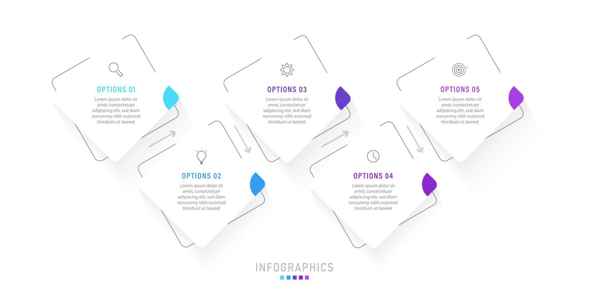 plantilla de diseño de etiquetas infográficas vectoriales con iconos y 5 opciones o pasos. se puede utilizar para diagramas de proceso, presentaciones, diseño de flujo de trabajo, banner, diagrama de flujo, gráfico de información. vector