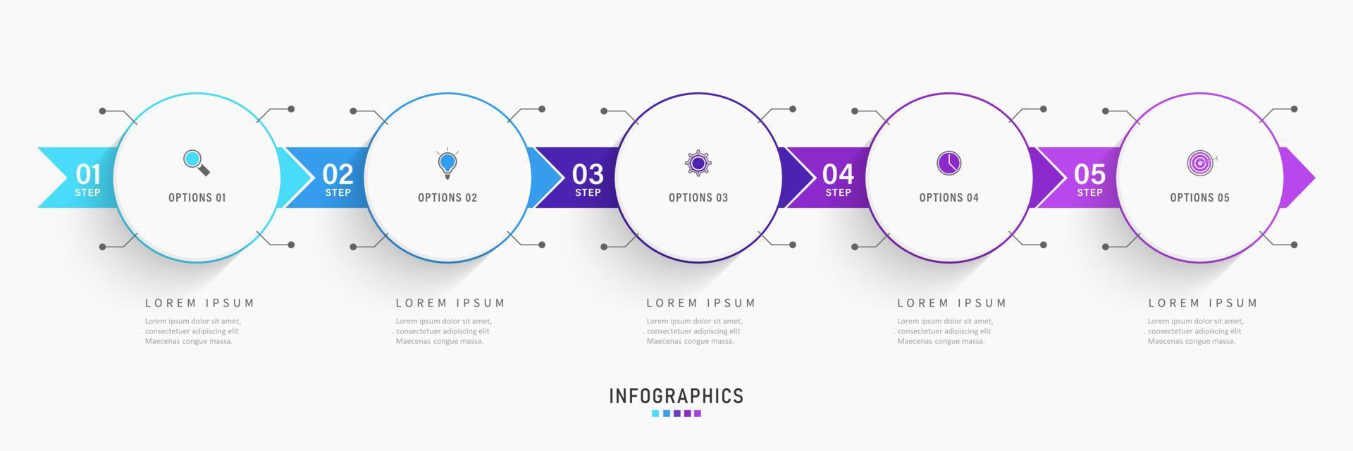 plantilla de diseño de etiquetas infográficas vectoriales con iconos y 5 opciones o pasos. se puede utilizar para diagramas de proceso, presentaciones, diseño de flujo de trabajo, banner, diagrama de flujo, gráfico de información. vector