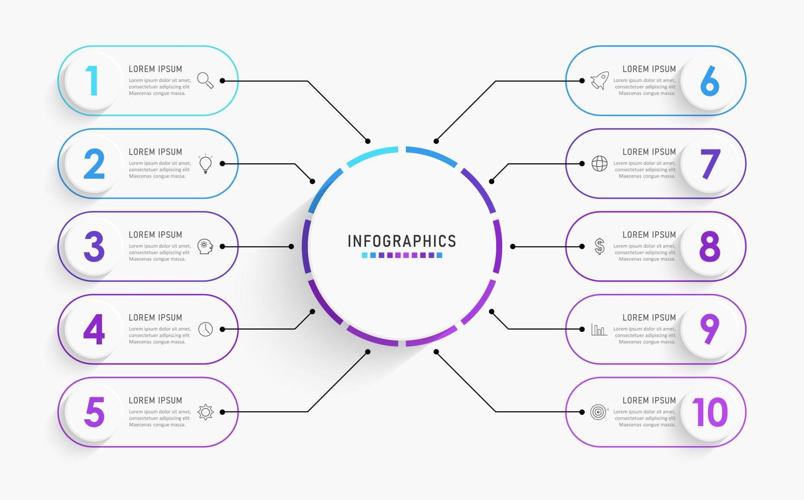 plantilla de diseño de etiquetas infográficas vectoriales con iconos y 10 opciones o pasos. se puede utilizar para diagramas de proceso, presentaciones, diseño de flujo de trabajo, banner, diagrama de flujo, gráfico de información. vector