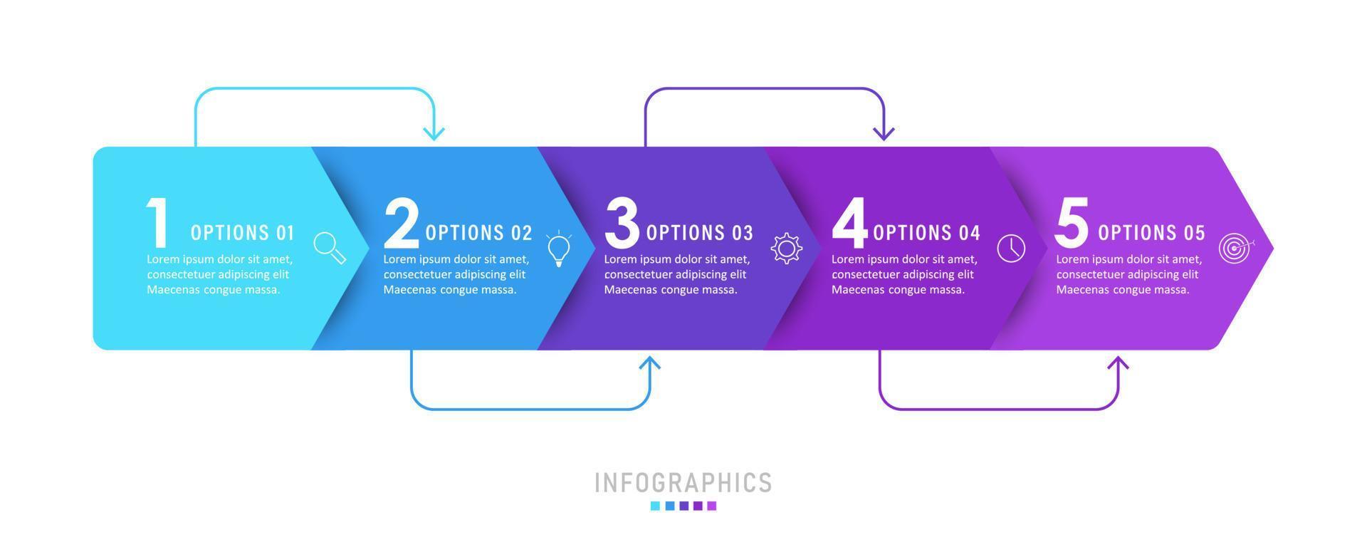 plantilla de diseño de etiquetas infográficas vectoriales con iconos y 5 opciones o pasos. se puede utilizar para diagramas de proceso, presentaciones, diseño de flujo de trabajo, banner, diagrama de flujo, gráfico de información. vector