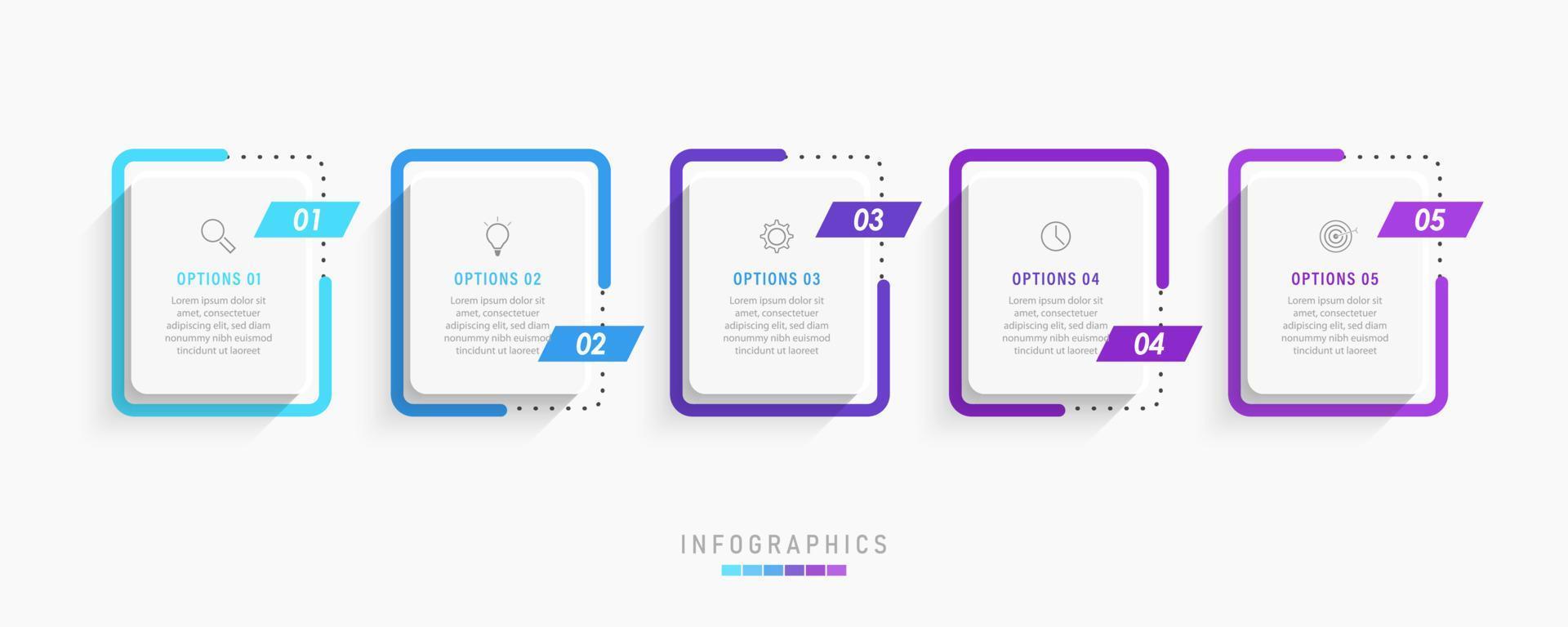 plantilla de diseño de etiquetas infográficas vectoriales con iconos y 5 opciones o pasos. se puede utilizar para diagramas de proceso, presentaciones, diseño de flujo de trabajo, banner, diagrama de flujo, gráfico de información. vector