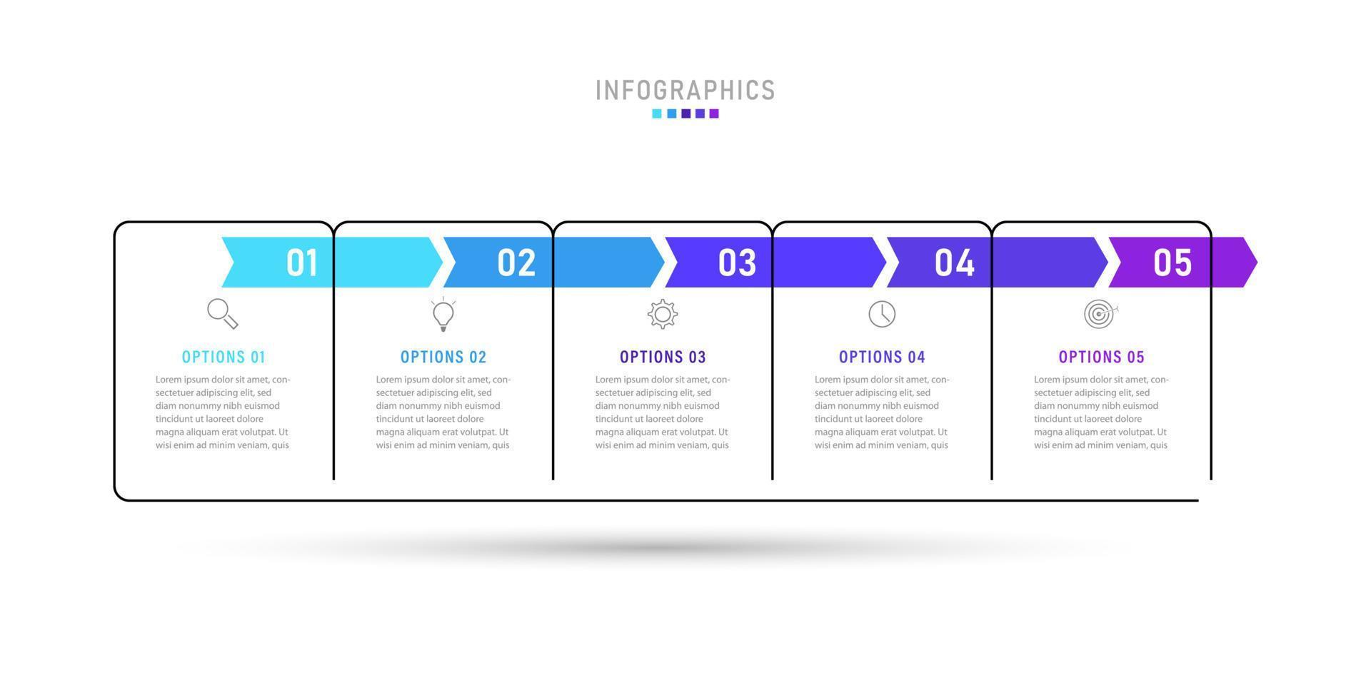 plantilla de diseño de etiquetas infográficas vectoriales con iconos y 5 opciones o pasos. se puede utilizar para diagramas de proceso, presentaciones, diseño de flujo de trabajo, banner, diagrama de flujo, gráfico de información. vector