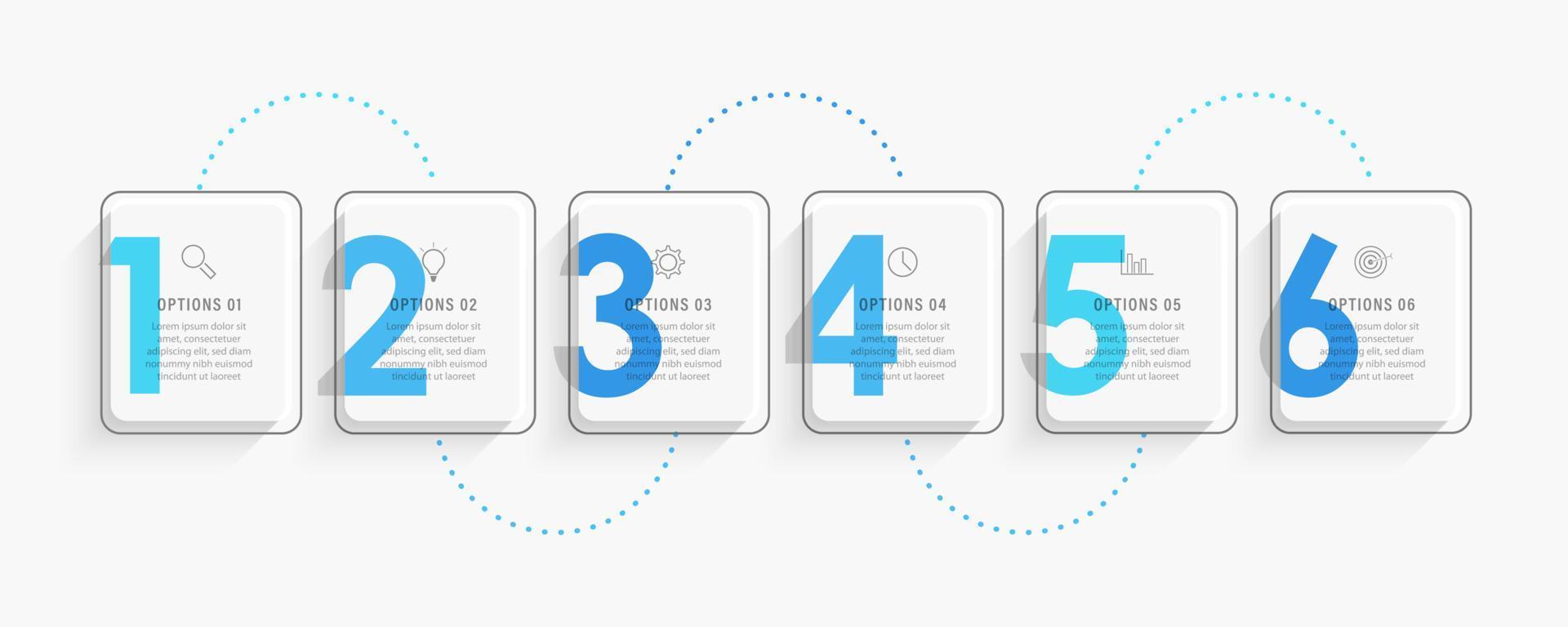 plantilla de diseño de etiquetas infográficas vectoriales con iconos y 6 opciones o pasos. se puede utilizar para diagramas de proceso, presentaciones, diseño de flujo de trabajo, banner, diagrama de flujo, gráfico de información. vector