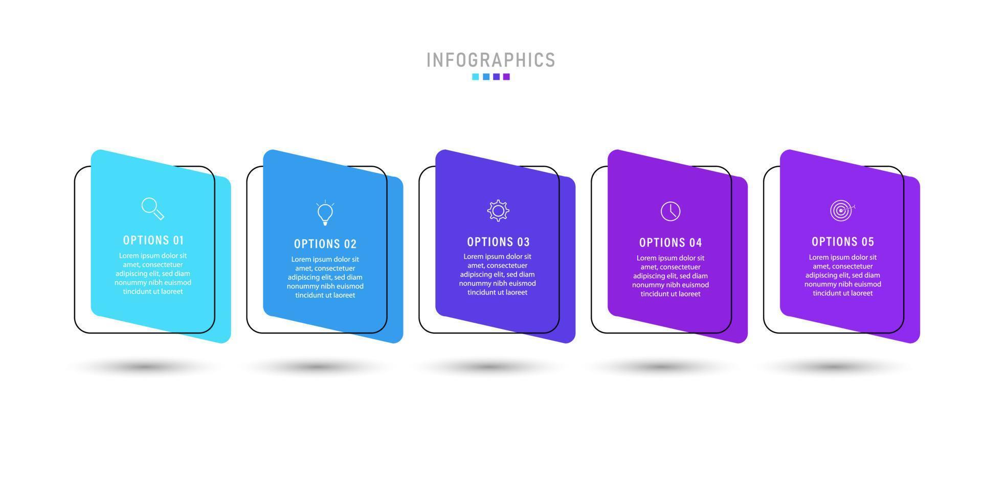 plantilla de diseño de etiquetas infográficas vectoriales con iconos y 5 opciones o pasos. se puede utilizar para diagramas de proceso, presentaciones, diseño de flujo de trabajo, banner, diagrama de flujo, gráfico de información. vector