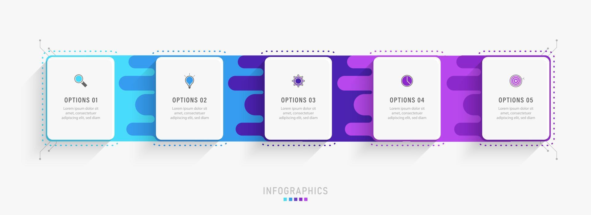 plantilla de diseño de etiquetas infográficas vectoriales con iconos y 5 opciones o pasos. se puede utilizar para diagramas de proceso, presentaciones, diseño de flujo de trabajo, banner, diagrama de flujo, gráfico de información. vector