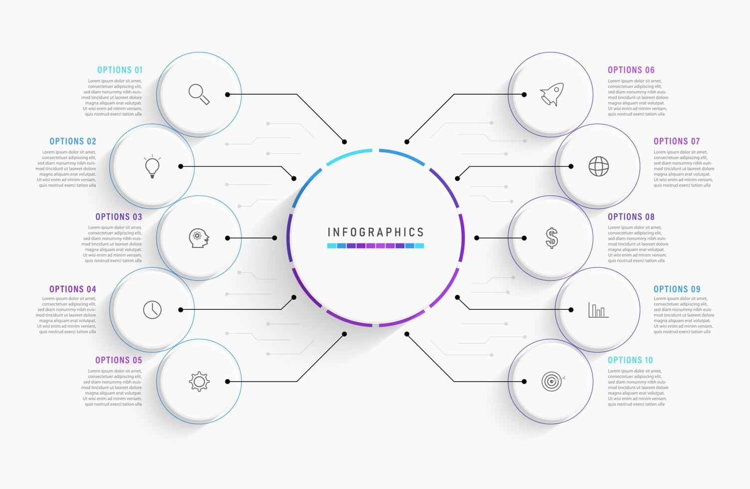 plantilla de diseño de etiquetas infográficas vectoriales con iconos y 10 opciones o pasos. se puede utilizar para diagramas de proceso, presentaciones, diseño de flujo de trabajo, banner, diagrama de flujo, gráfico de información. vector