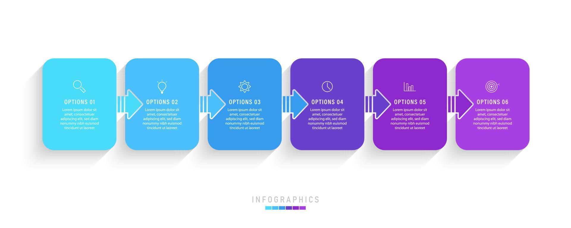 plantilla de diseño de etiquetas infográficas vectoriales con iconos y 6 opciones o pasos. se puede utilizar para diagramas de proceso, presentaciones, diseño de flujo de trabajo, banner, diagrama de flujo, gráfico de información. vector