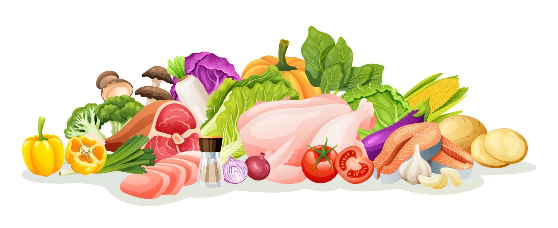 conjunto de ilustraciones de carne y verduras. dibujos animados de vector de alimentos saludables