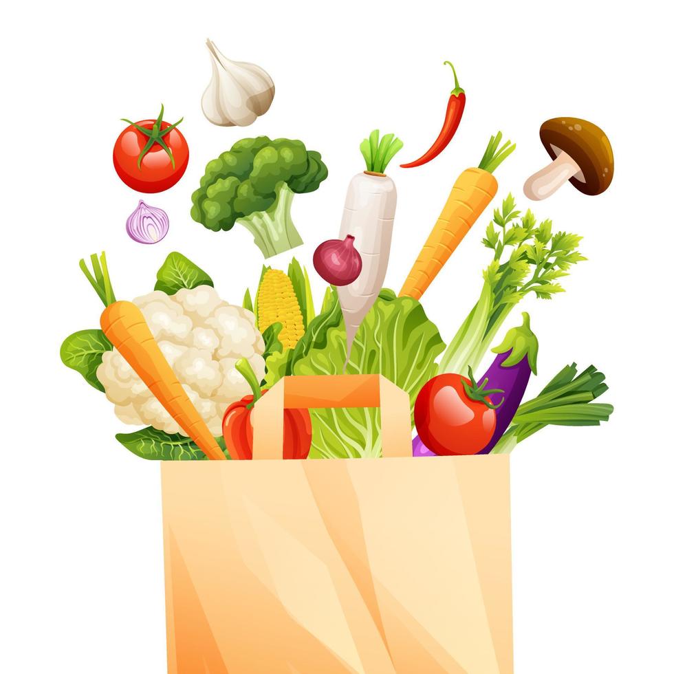 conjunto de verduras con ilustración de vector de bolsa reciclable