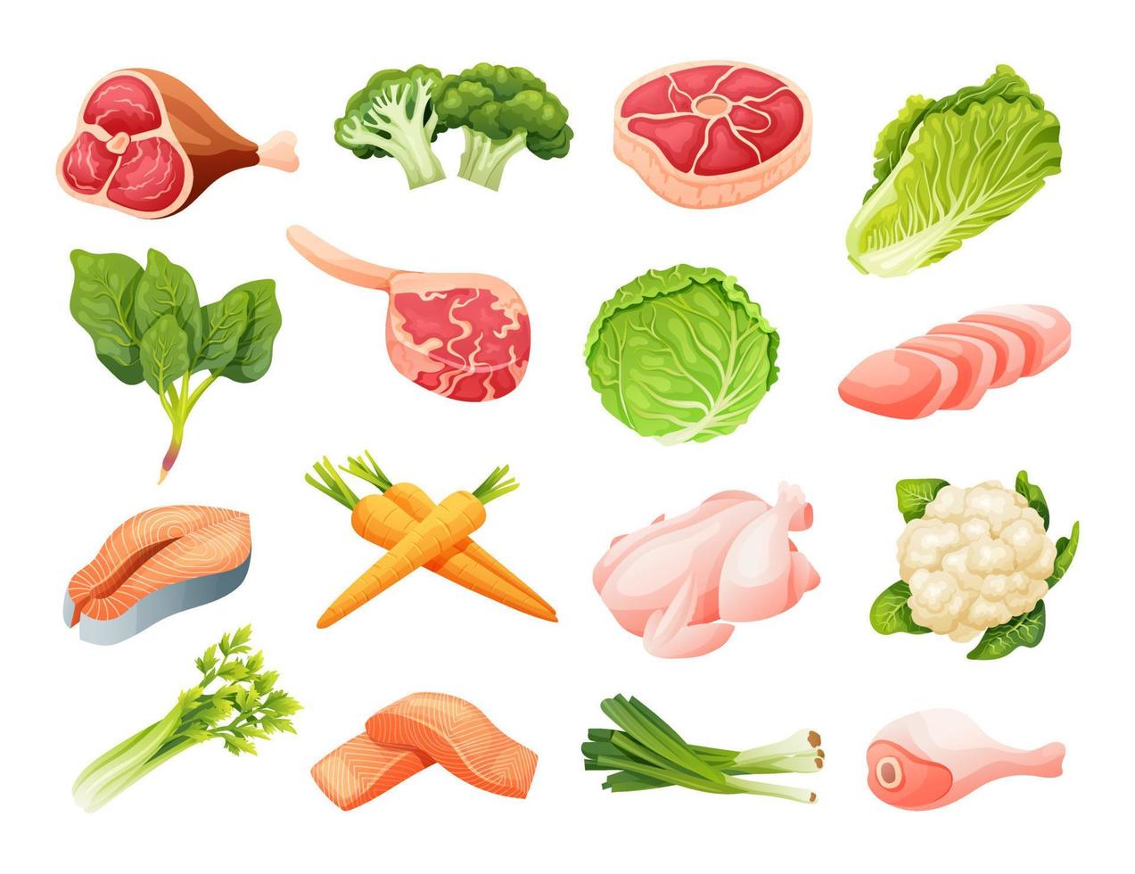 Vector set of meats and vegetables in cartoon style. Healthy food illustration