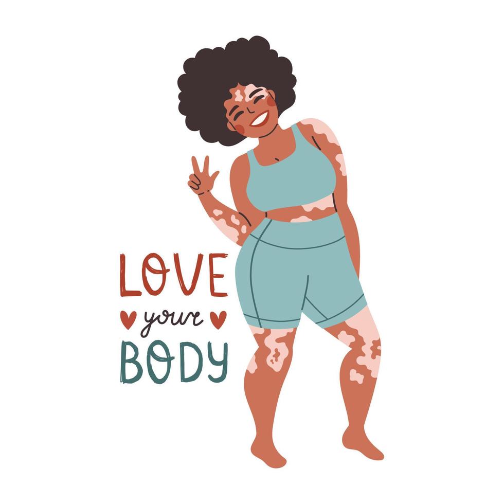 cuerpo positivo vitíligo piel ama tu cuerpo cita diseño plano vector ilustración