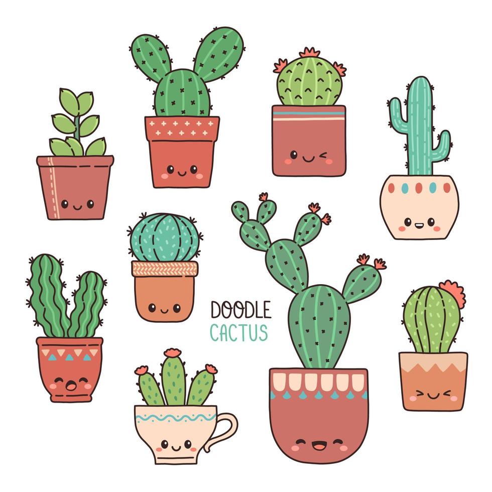Cute cactus doodle set kawaii succulents with funny happy faces vector illustration
