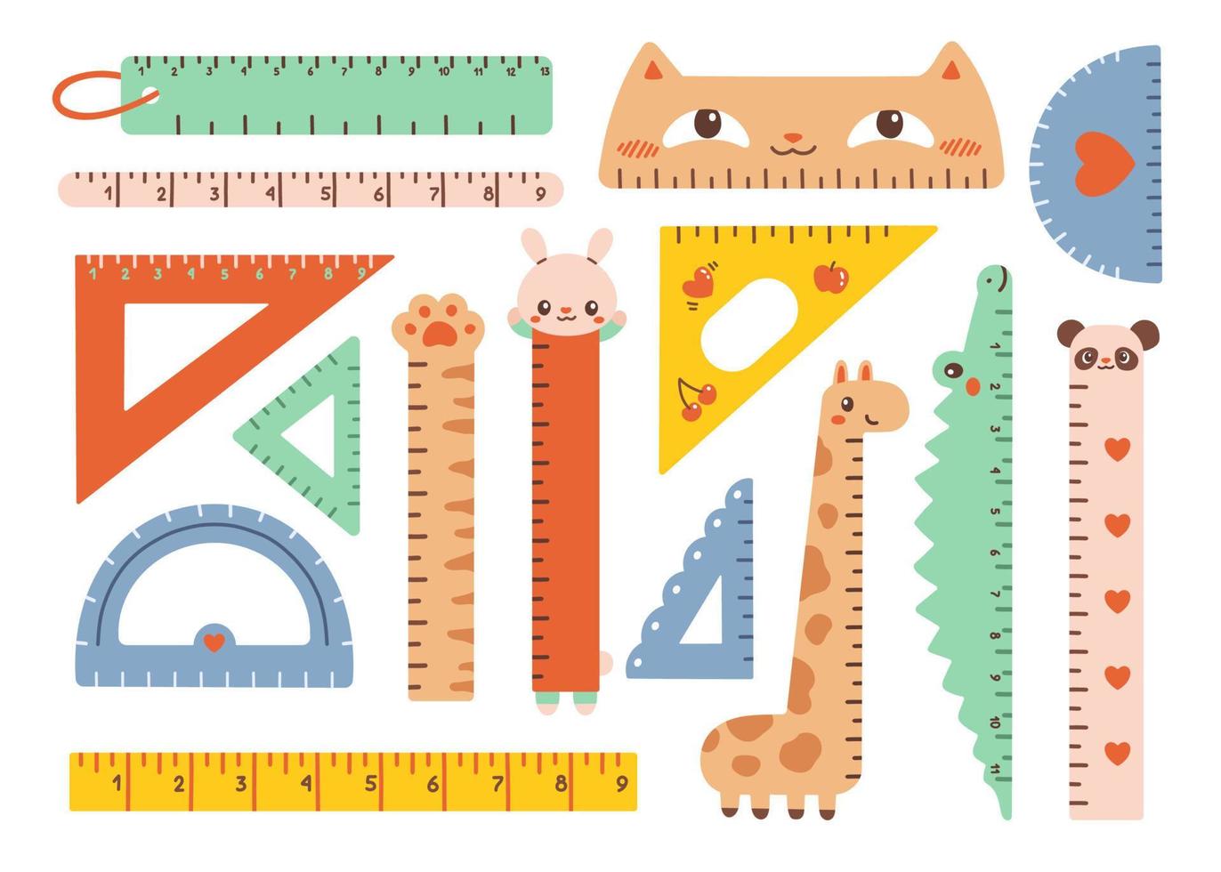 Cute rulers set measure instrument kawaii isolated on a white background. Plastic, wooden, metal school measuring ruler. Vector flat design illustration