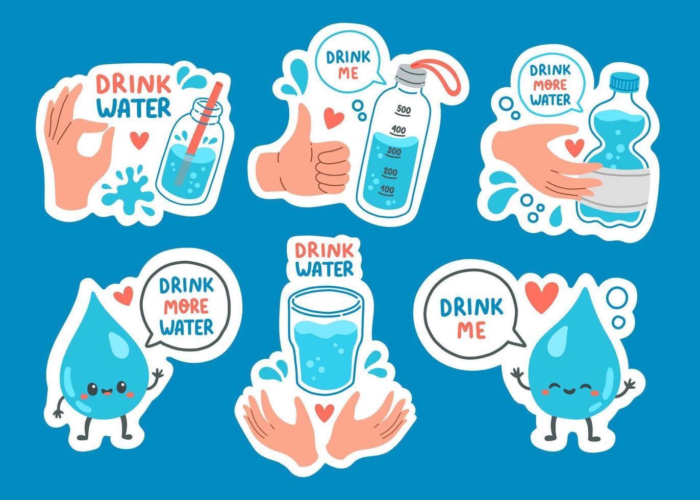 beba más agua pegatina conjunto diseño plano vector ilustración