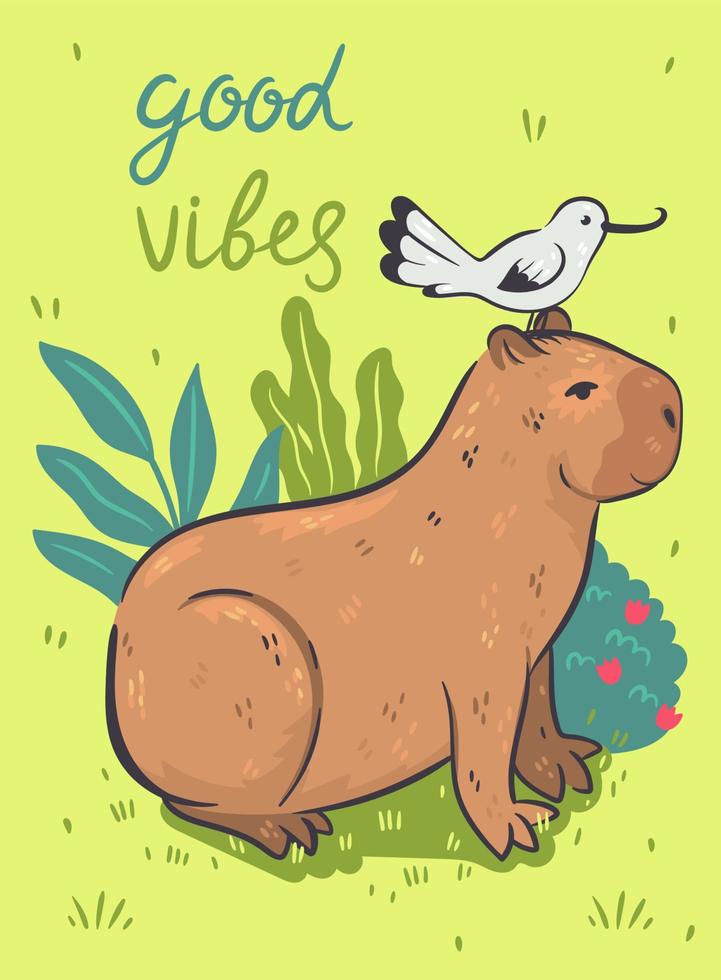 Postcard with a cute capybara and an inscription. Vector graphics.