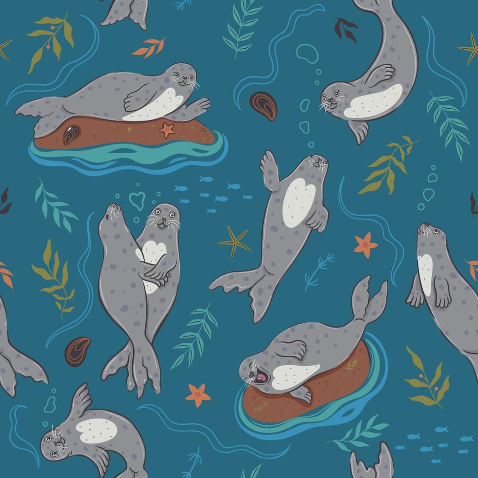 Seamless pattern with cute seals. Vector graphics.