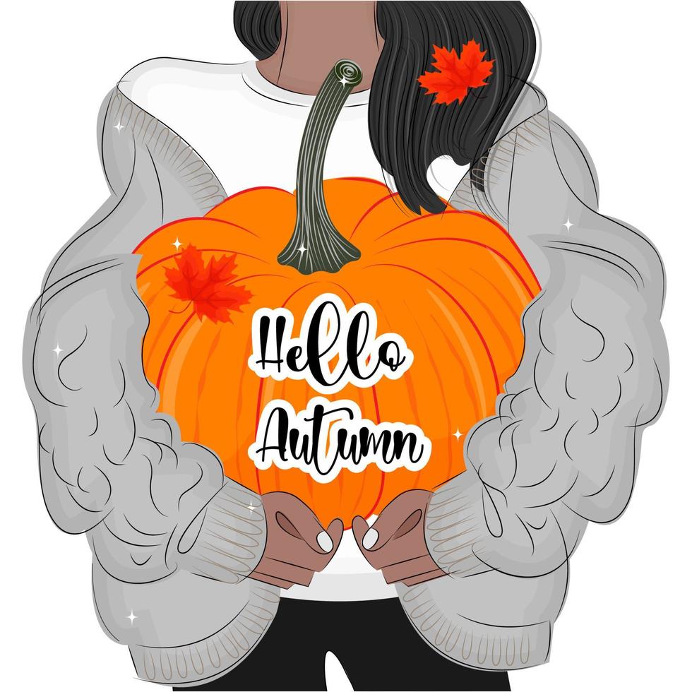 Hello Autumn, Cute illustration of a girl's hands holding a pumpkin, vector illustration, print