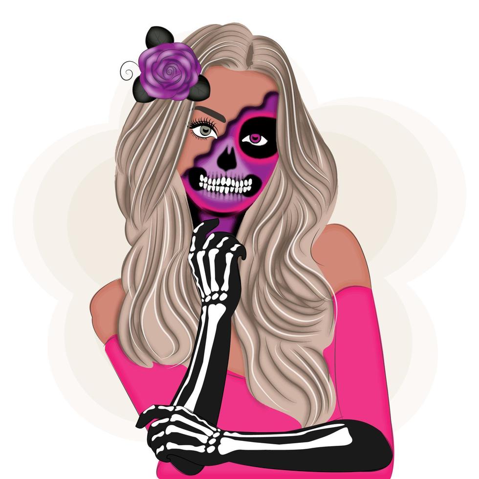 Halloween makeup art, fashion, stylish girl image , vector illustration print