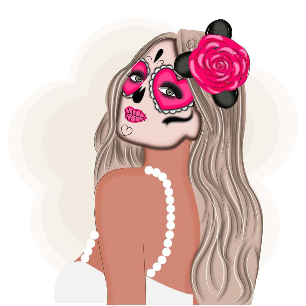 Halloween makeup art, fashion, stylish girl image , vector illustration print