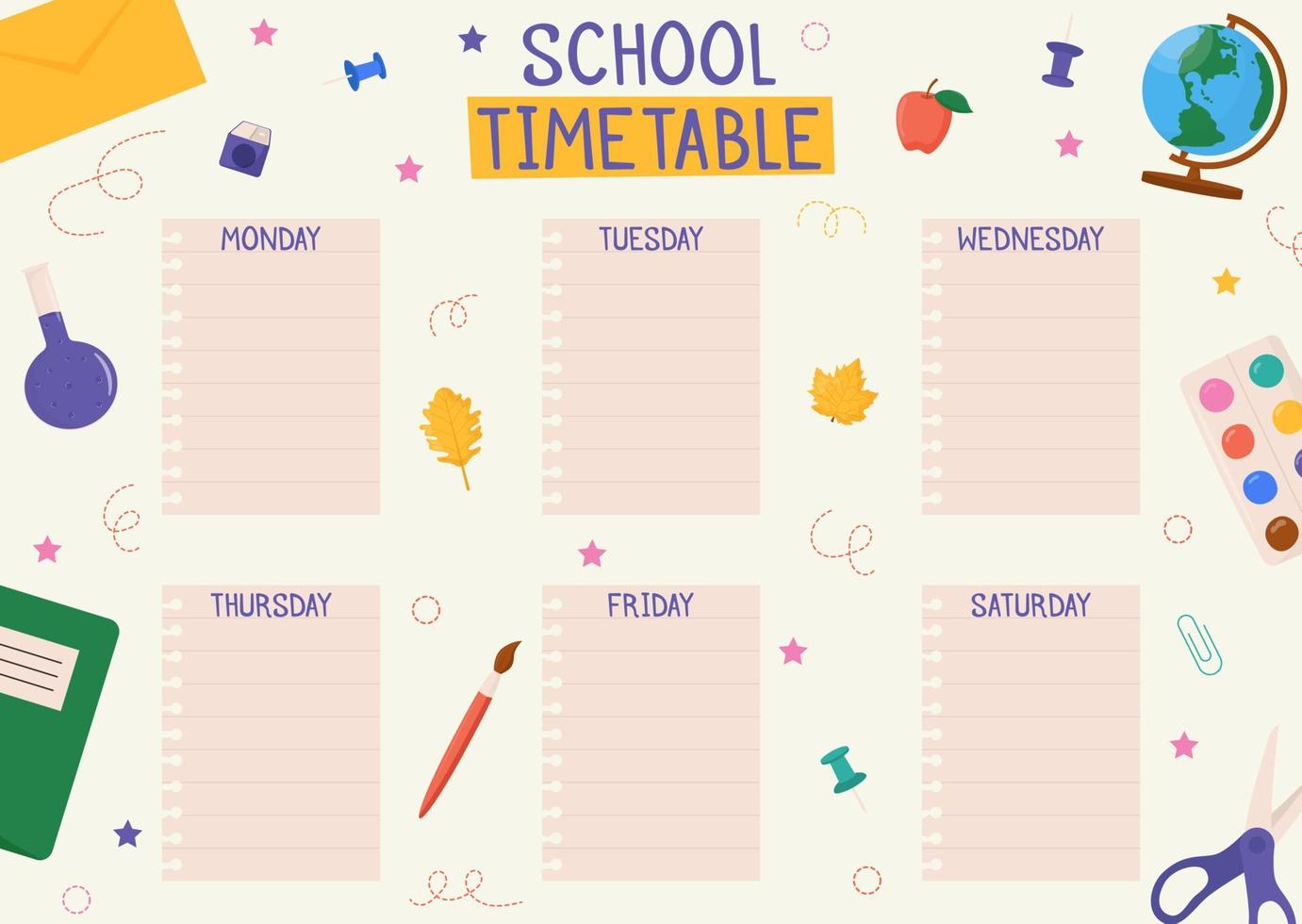 Cute childish school timetable, weekly classes schedule for kids with school supplies. Printable planner, diary for student. Stationery set for children. To Do List. vector