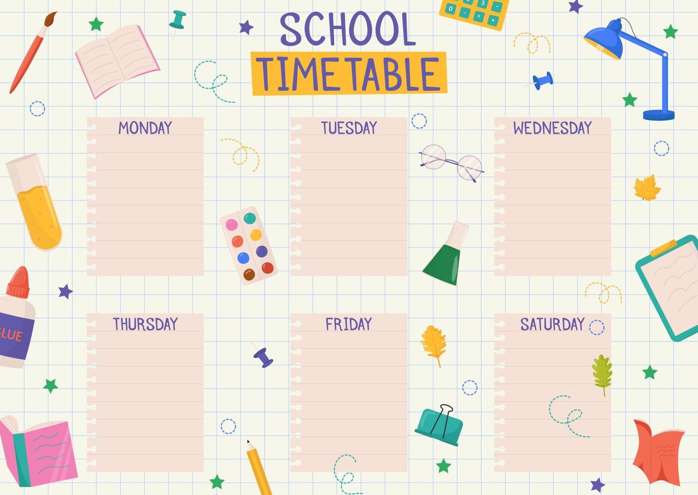 Cute childish school timetable, weekly classes schedule for kids with school supplies. Printable planner, diary for student. Stationery set for children. To Do List vector