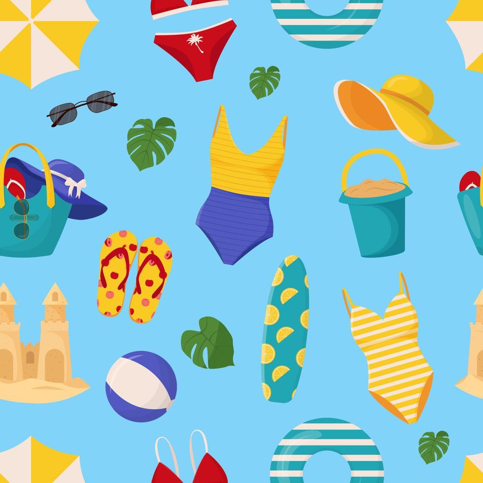 Set of cute summer elements surfboard, cocktail, bag, hat, palm tree, bikini, flip flops, beach umbrella, ball, sand castle, lifebuoy. Summer seamless pattern vector