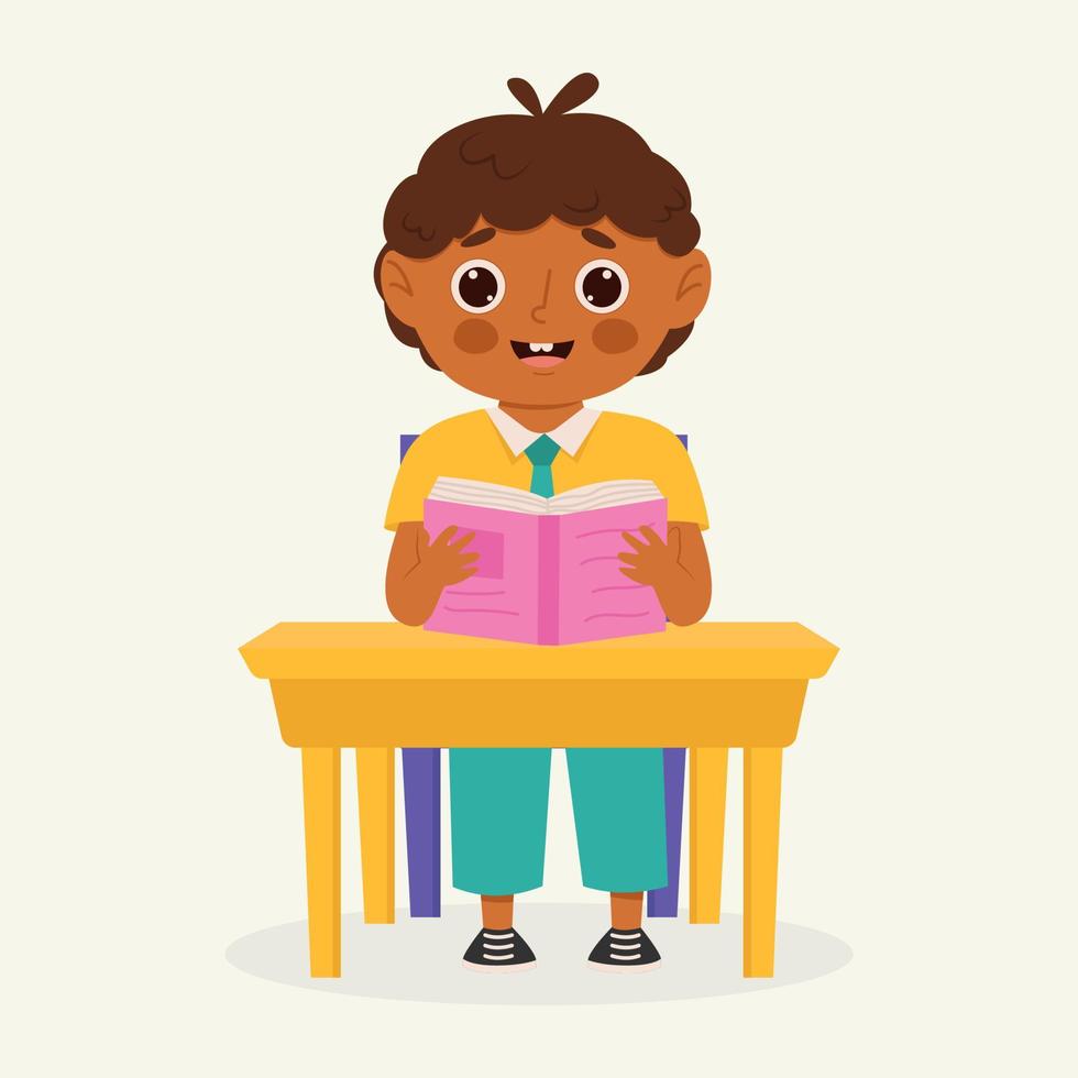 School kid with school supplies sitting at a school desk. Kid with backpack and book. Colorful cartoon character. Flat vector illustration.