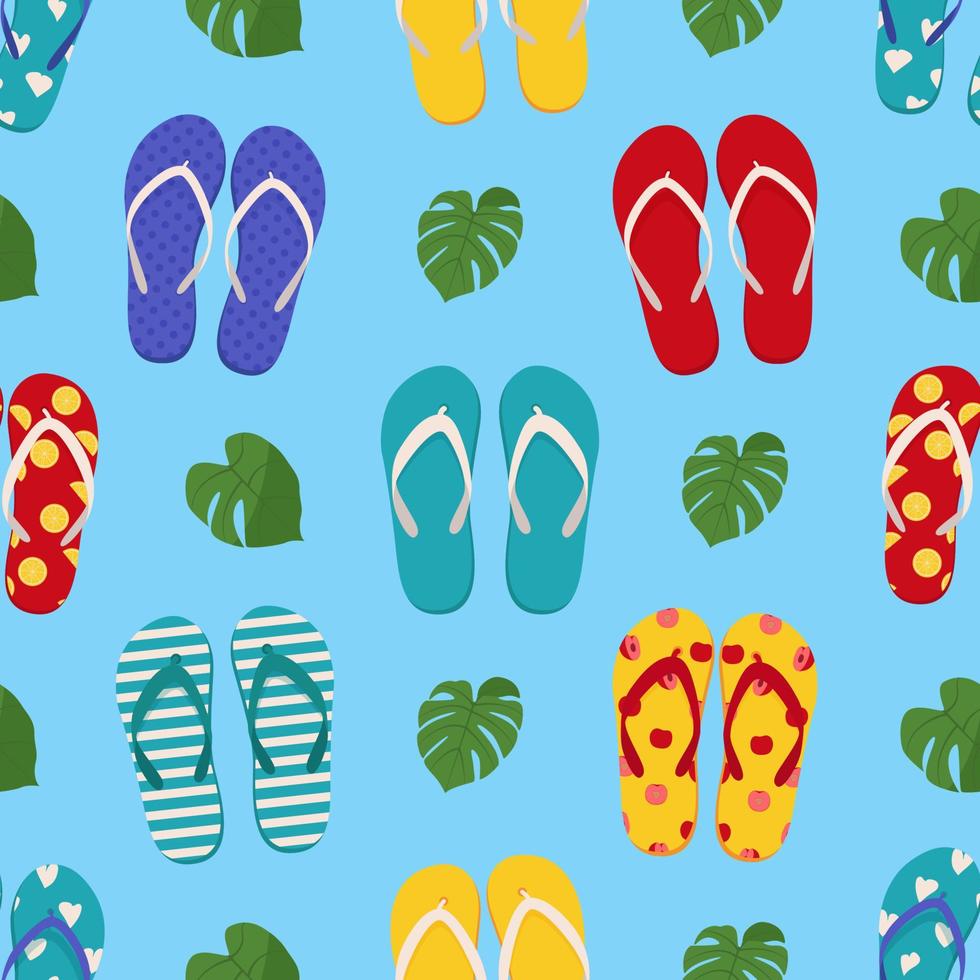 Pair of beach slippers. Summer flip flops seamless pattern. Flat vector illustration